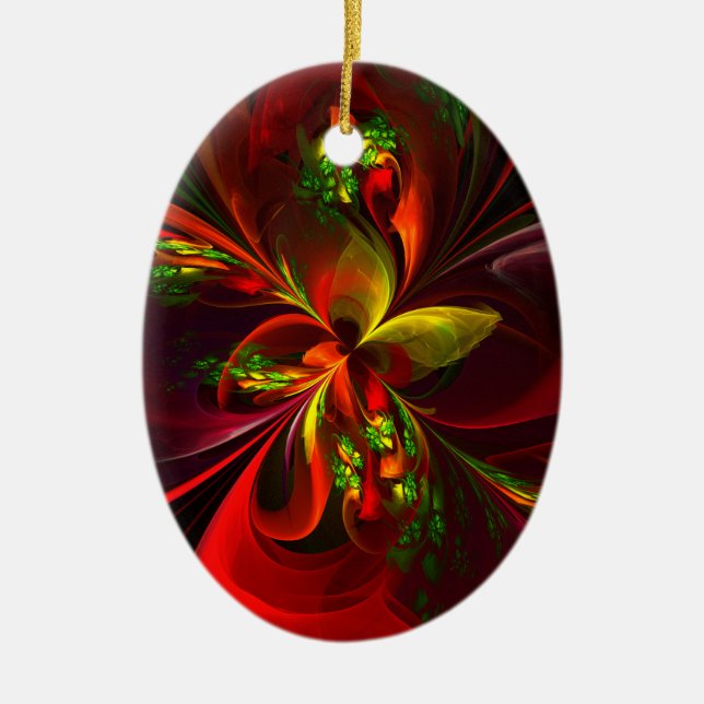 Modern Red Grönt Blommigt Abstrakt Art Mönster #05 Julgransprydnad Keramik (Framsidan)