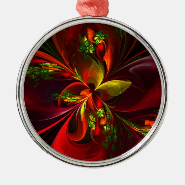 Modern Red Grönt Blommigt Abstrakt Art Mönster #05 Julgransprydnad Metall (Framsidan)