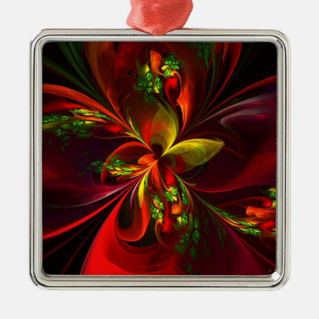 Modern Red Grönt Blommigt Abstrakt Art Mönster #05 Julgransprydnad Metall (Framsidan)