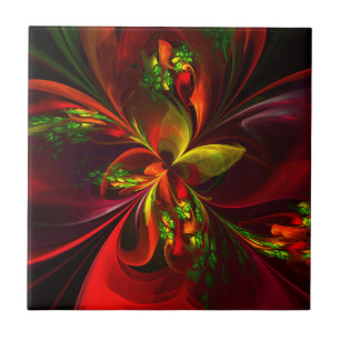 Modern Red Grönt Blommigt Abstrakt Art Mönster #05 Kakelplatta