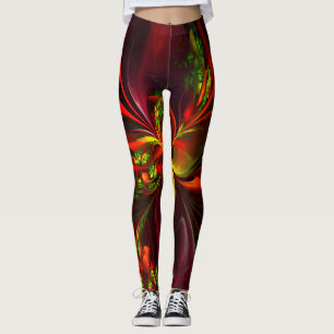 Modern Red Grönt Blommigt Abstrakt Art Mönster #05 Leggings