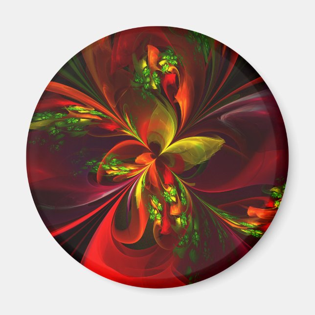 Modern Red Grönt Blommigt Abstrakt Art Mönster #05 Magnet (Framsidan)