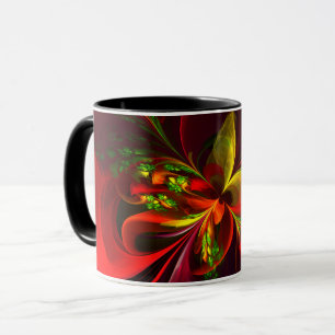 Modern Red Grönt Blommigt Abstrakt Art Mönster #05 Mugg