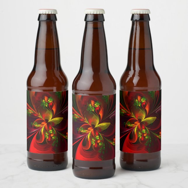 Modern Red Grönt Blommigt Abstrakt Art Mönster #05 Ölflaska Etikett (Flaskor)