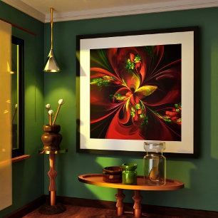 Modern Red Grönt Blommigt Abstrakt Art Mönster #05 Poster