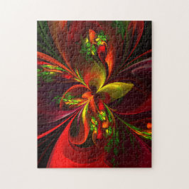 Modern Red Grönt Blommigt Abstrakt Art Mönster #05 Pussel