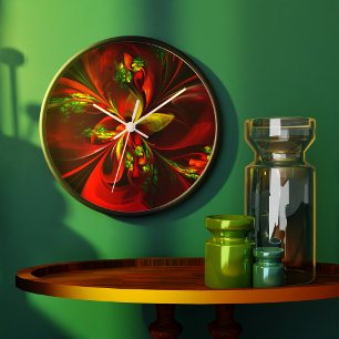 Modern Red Grönt Blommigt Abstrakt Art Mönster #05 Stor Klocka