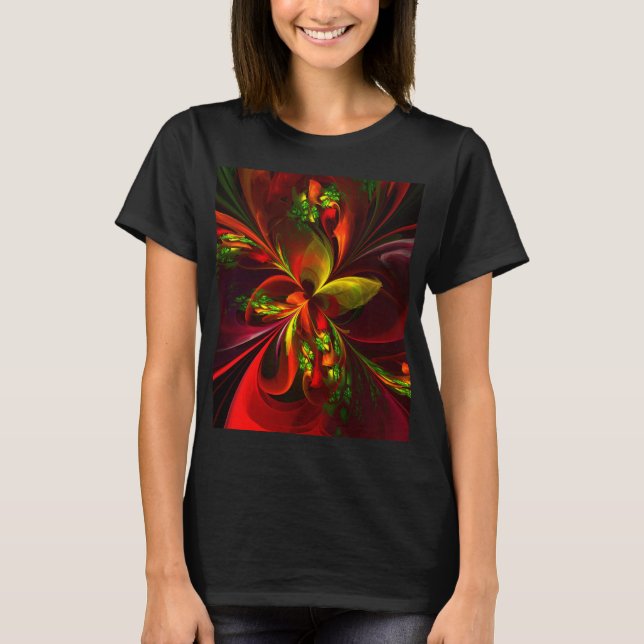 Modern Red Grönt Blommigt Abstrakt Art Mönster #05 T Shirt (Framsida)