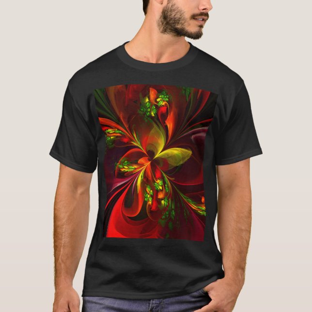 Modern Red Grönt Blommigt Abstrakt Art Mönster #05 T Shirt (Framsida)