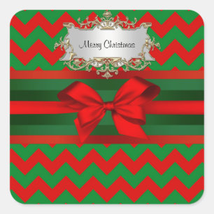 Modern Red Grönt Chevron Zig-Zag Ribbon-jul Fyrkantigt Klistermärke