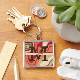 Modern Red Grönt Cream Swirl Monogram Initial Namn Fyrkantig Silverfärgad Nyckelring