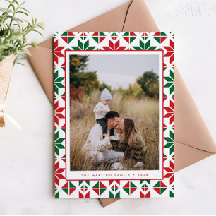 Modern Red Grönt Folk Quilt Photo jul Card Julkort