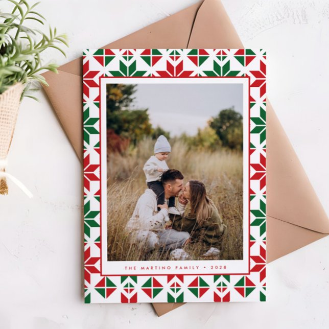 Modern Red Grönt Folk Quilt Photo jul Card Julkort (Skapare uppladdad)