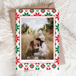 Modern Red Grönt Folk Quilt Photo jul Card Julkort
