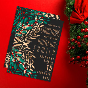 Modern Red Grönt Guld Holly Berry Lämnar jul Inbjudningar