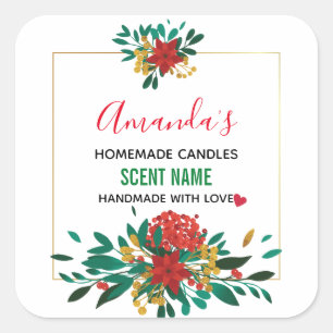 Modern Red Grönt & Guld jul Blommigt Candle Fyrkantigt Klistermärke