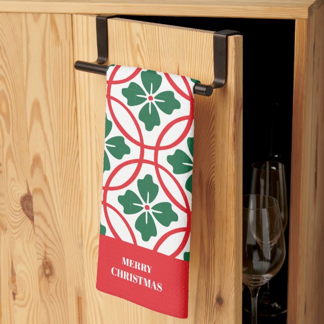 Modern Red Grönt jul Holly Mönster Kökshandduk (Thirds Fold)
