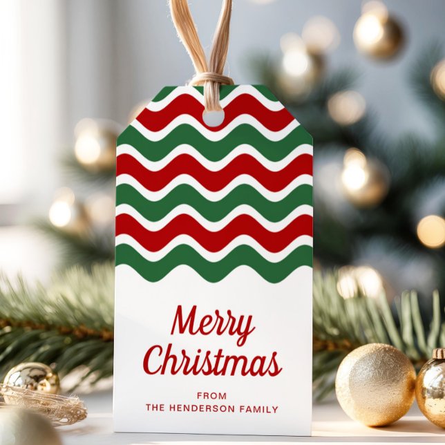 Modern Red Grönt Rand God jul Presentetikett (Modern Red Green Stripes Merry Christmas Gift Tags)