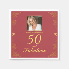 Modern Red Guld 50 Fabulous Photo Birthday Pappersservett