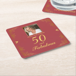 Modern Red Guld 50 Fabulous Photo Birthday Underlägg Papper Kvadrat