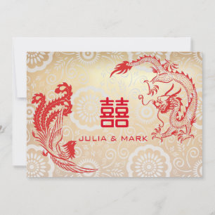 Modern Red Guld Dragon-Phoenix Chinese Bröllop Inbjudningar