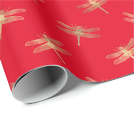 Modern Red Guld Dragonfly Mönster Wrapping Papper Presentpapper