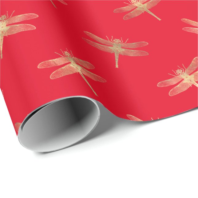 Modern Red Guld Dragonfly Mönster Wrapping Papper Presentpapper (Rullad Hörn)
