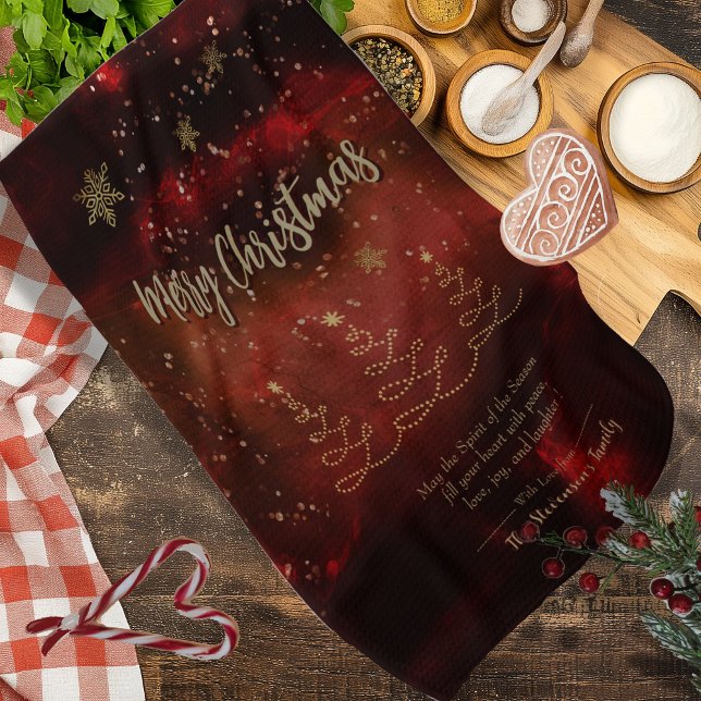 Modern Red Guld Julgran Kökshandduk (Modern Red Gold Christmas Tree Kitchen Towel)