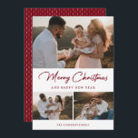 Modern Red Guld Photo Collage Julkort<br><div class="desc">Anpassningsbar rött och guld fotokort med helgdag på framsidan och ett rött och guld mönster på baksidan. Anpassa enkelt det här helgdag till eleganten med dina foton och familjen namn. Fler alternativ för färg finns tillgängliga.</div>