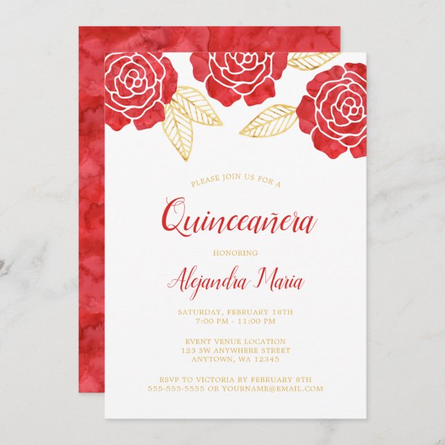 Modern Red Guld Ro Quinceanera-inbjudan Inbjudningar (Fram/baksida)