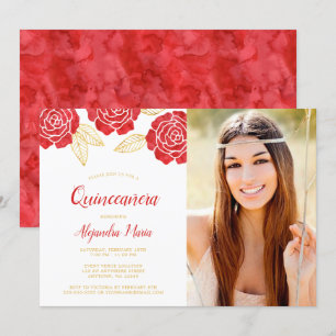 Modern Red Guld Ro Quinceanera Photo Inbjudningar
