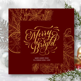 Modern Red Guld Script Gräs Bough Blommigt Enkel Julkort