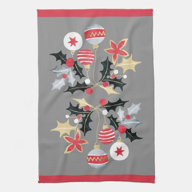 Modern Red Guld & Silver Ornaments Grått Kökshandduk (Vertikal)