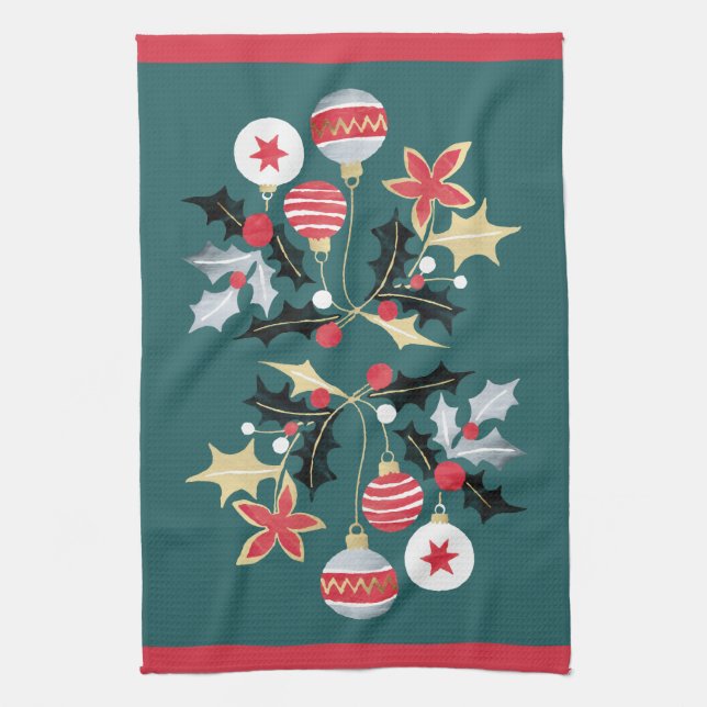 Modern Red Guld & Silver Ornaments Teal Kökshandduk (Vertikal)