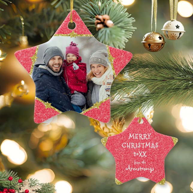 Modern Red Guld Stars Photo Jul Trendig Julgransprydnad Keramik (Modern Red Gold Stars Photo Christmas Trendy Ceramic Ornament ©Susanne Sachers - Sunny Mind 🌞)