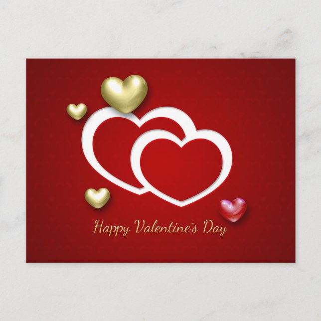 Modern Red Guld Valentine Hearts Helgdag vykort (Framsida)