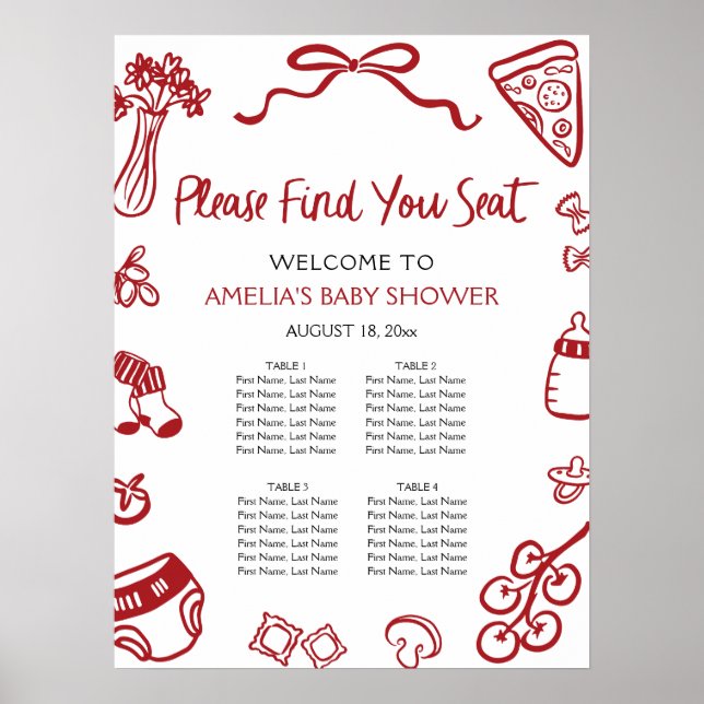 Modern Red Hand Drawn Italian Pizza Seating Chart Poster (Framsidan)