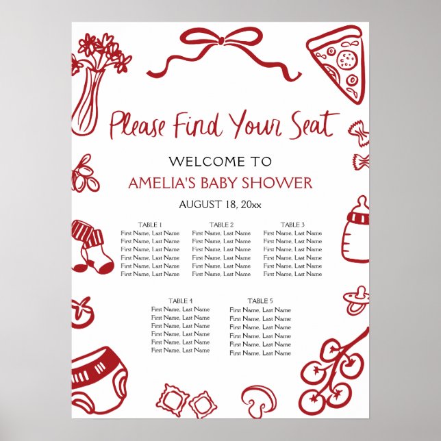Modern Red Hand Drawn Italian Pizza Seating Chart Poster (Framsidan)