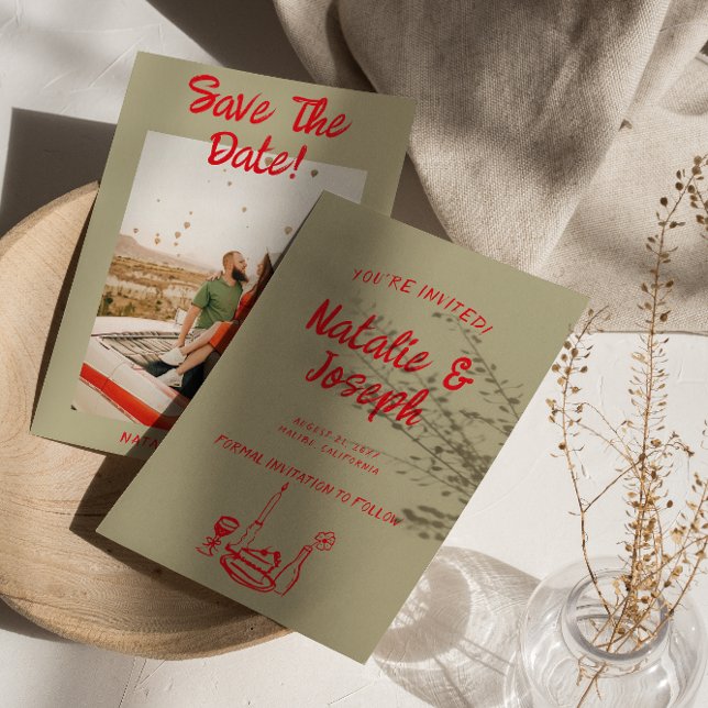 Modern Red Hand plockade Retro Quirky Photo Bröllo Spara Datumet (Skapare uppladdad)