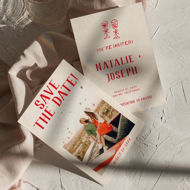 Modern Red Hand plockade Retro Quirky Photo Bröllo Spara Datumet (Skapare uppladdad)