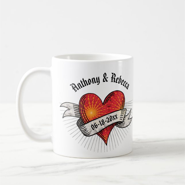 Modern Red Heart Bride and Groom Kaffemugg (Vänster)