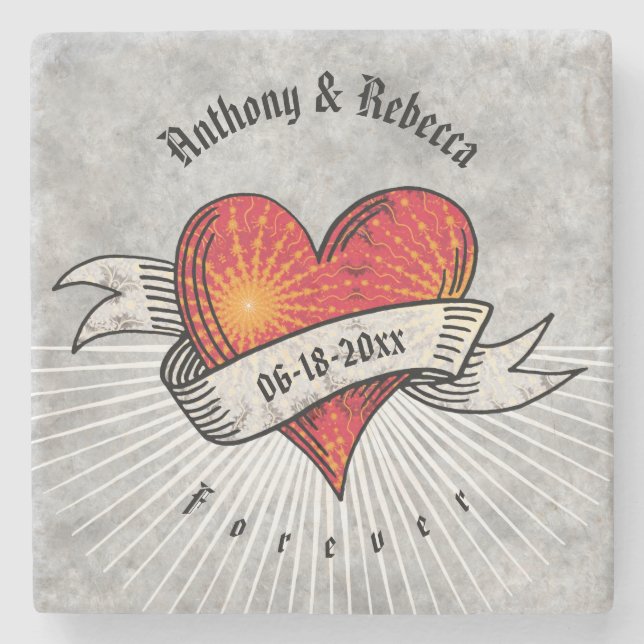 Modern Red Heart Fractal Bröllop-årsdag Stenunderlägg (Framsidan)