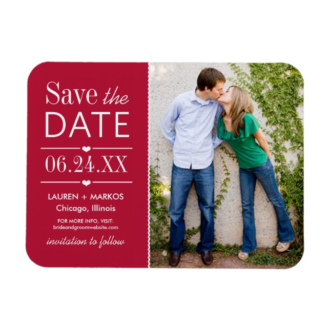 Modern Red Hearts Bröllop Photo Save Date Magnet (Horisontell)
