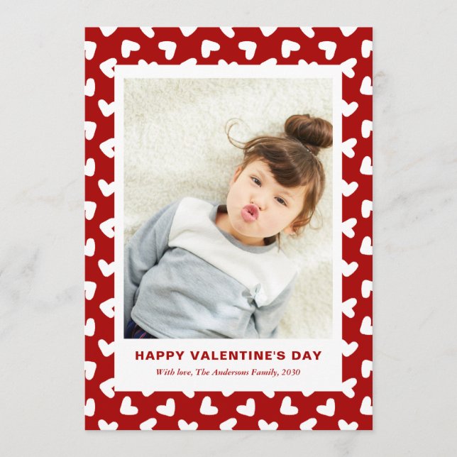 Modern Red Hearts Pattern One Photo Valentines Day Julkort (Framsida)
