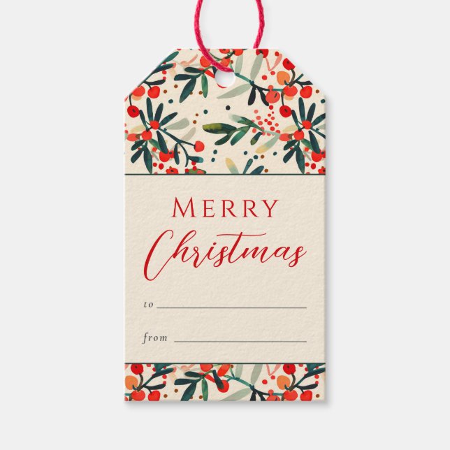 Modern Red Holly Berries God jul Presentetikett (Framsidan)