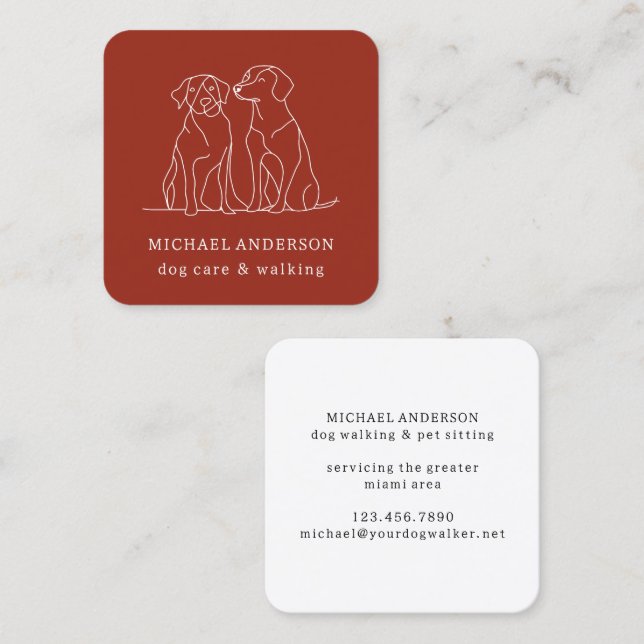 Modern Red Hund Walking Dog Walker Pet Sitter Fyrkantigt Visitkort (Fram/baksida)