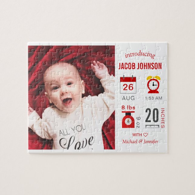 Modern Red InfoGrapphy Photo Birth Notice Pussel (Horisontell)