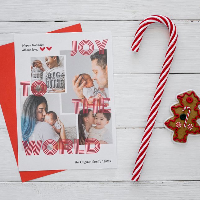 Modern Red Joy to World Overlay Photo Collage Julkort (Skapare uppladdad)