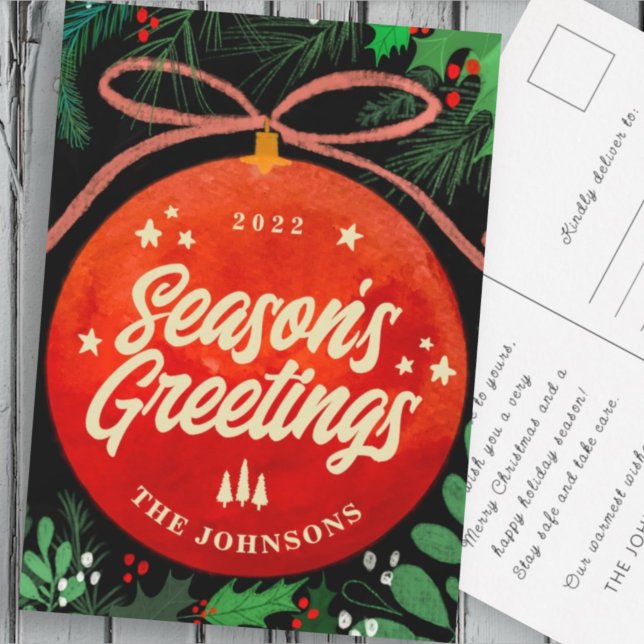 Modern Red jul Boll Ornament Botanical Helg Vykort (Skapare uppladdad)