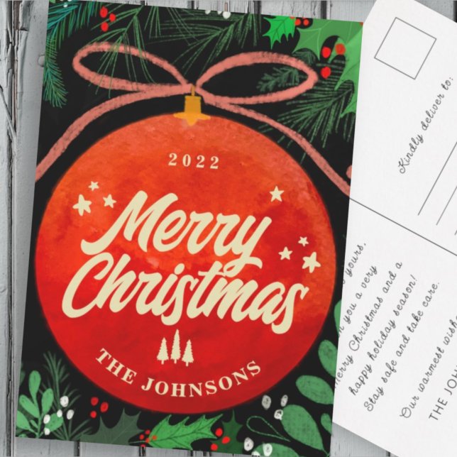 Modern Red jul Boll Ornament Botanical Helg Vykort (Skapare uppladdad)